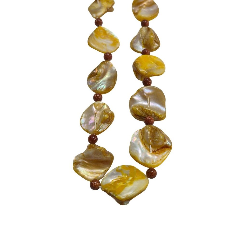 Yellow Mother of Pearl Necklace Goldstone Beads & Ornate Gold-Tone Clasp - Picture 1 of 10